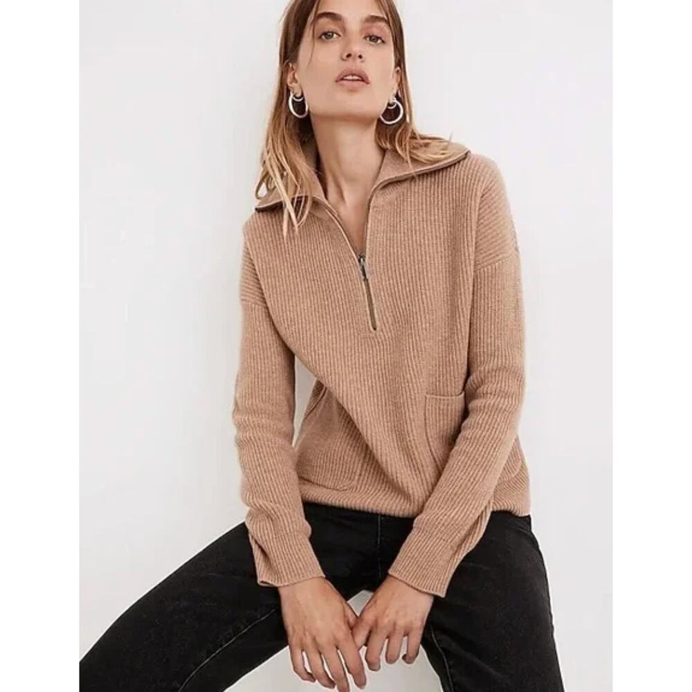 MADEWELL Glenbrook Tan Half Zip Pullover Knit Sweater Mock Neck Women's Medium
